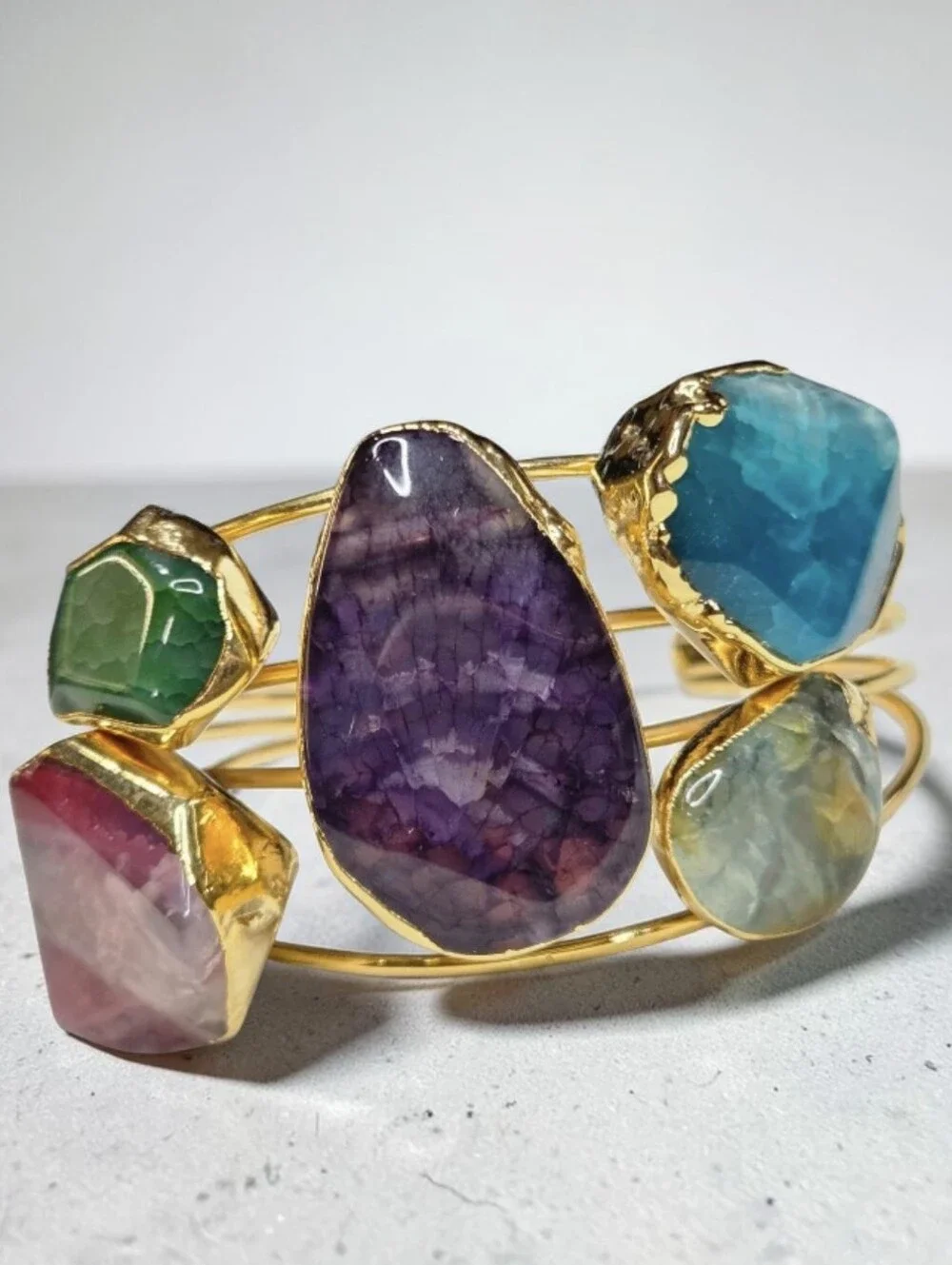 18k Gold Plated Chunky Artisan Agate Natural Stone Multi Color Cuff Bracelet